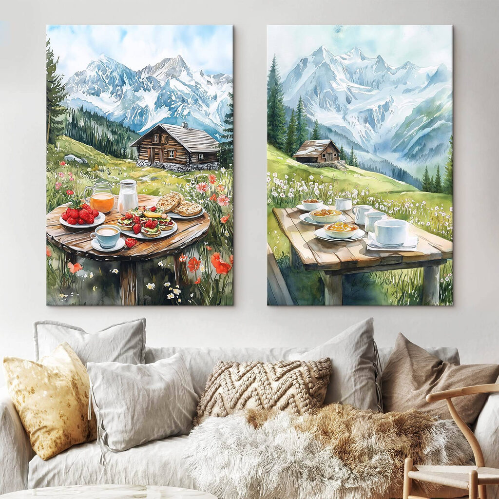 Schilderij van een tafel met eten en drinken erop in een interieur
