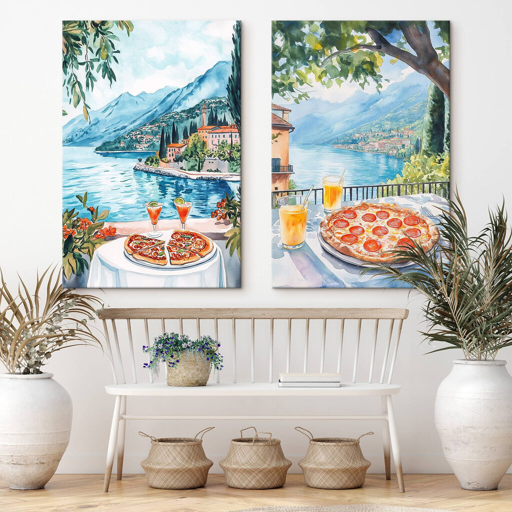 Aquarelschilderij van een tafel met pizza’s en drankjes erop in een interieur