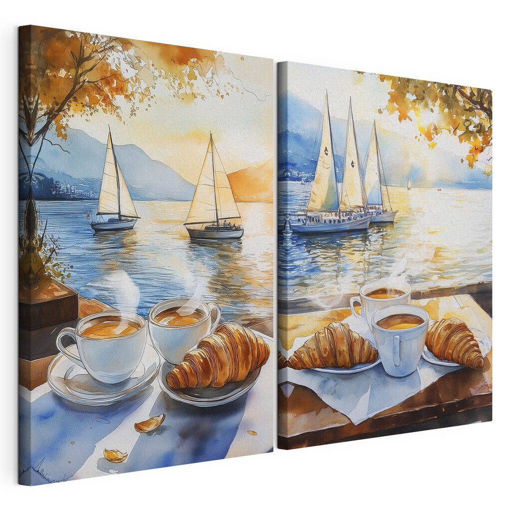 Koffie bij de zeilboten, gespannen canvas met doorlopende rand
