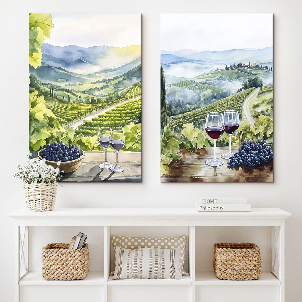 Schilderij van wijnglazen en druiven op een tafel in een interieur