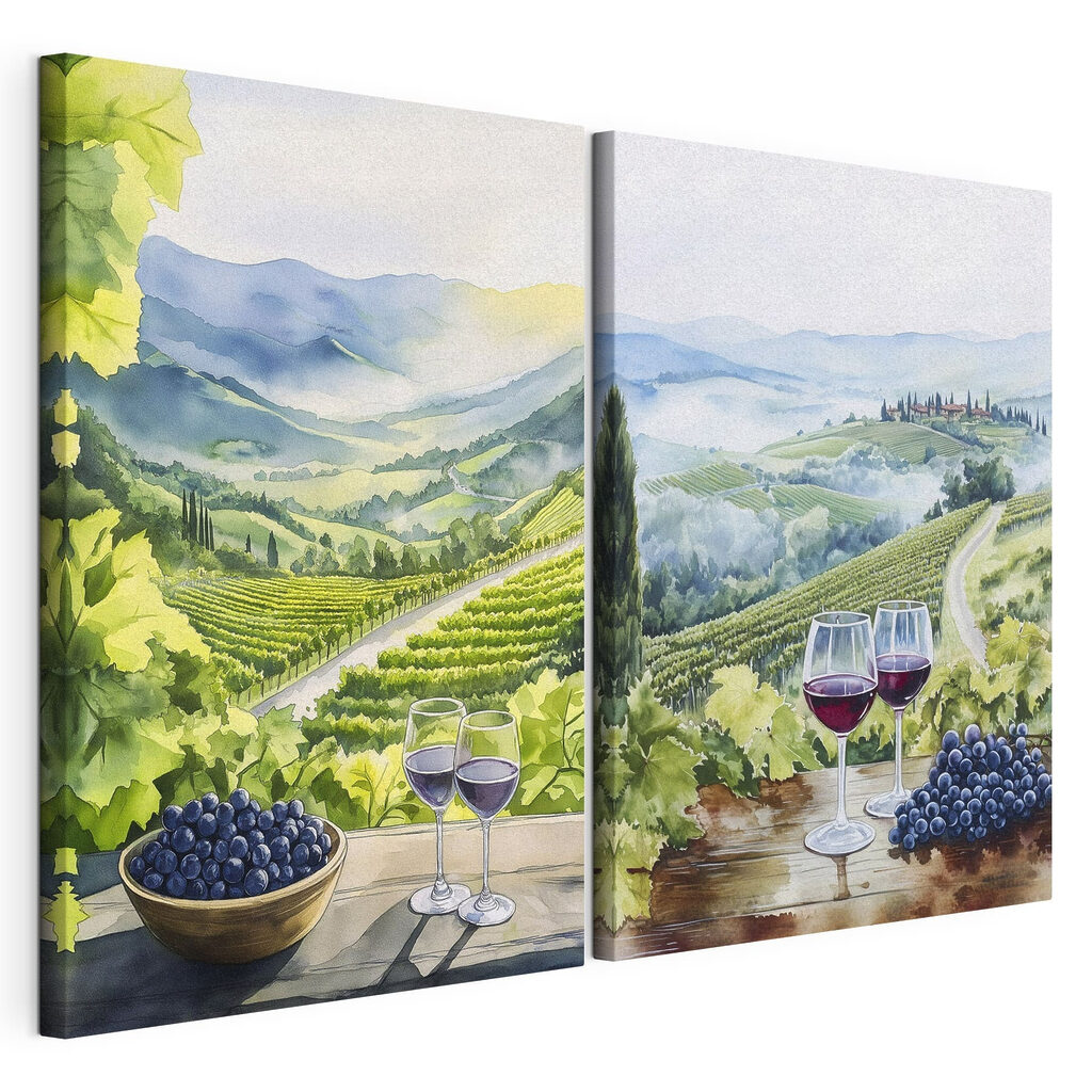 Schilderij van wijnglazen en druiven op een tafel — productweergave