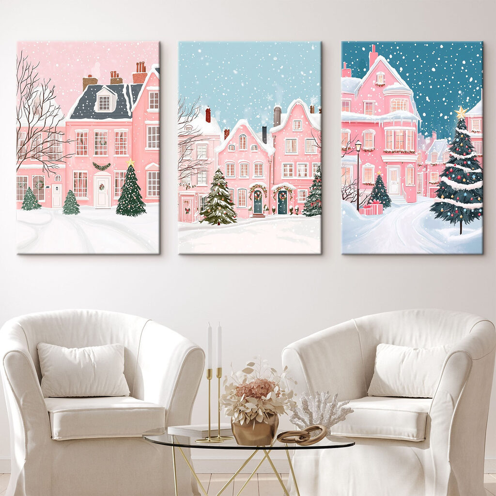 Collage van huizen in de sneeuw in een interieur