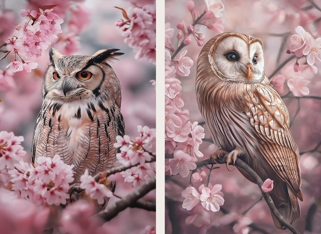 Collage van uilen op een boomtak — volledig ontwerp