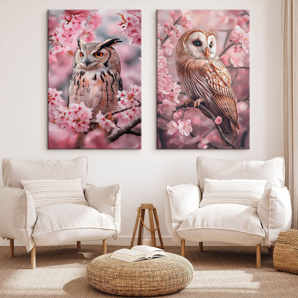 Collage van uilen op een boomtak — interieur 2