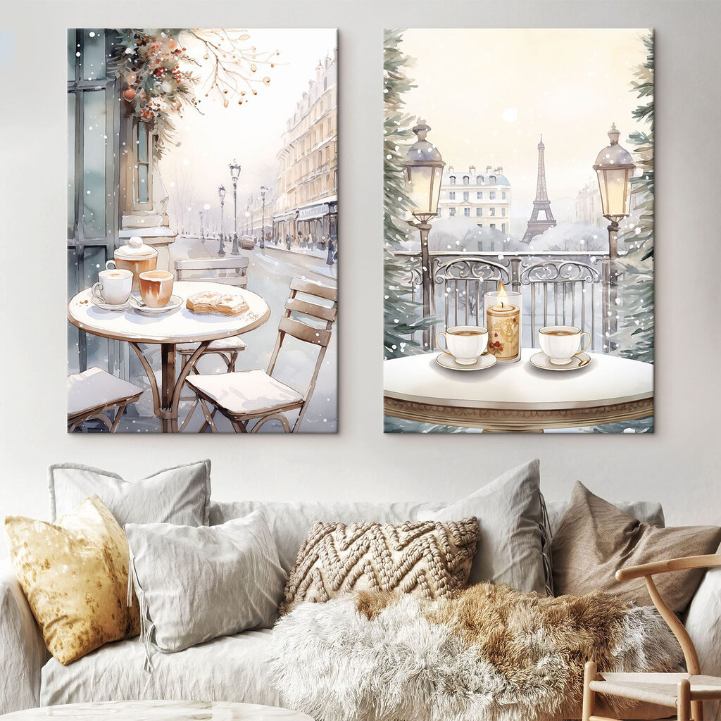 Schilderij van een straat met een tafel en stoelen in een interieur