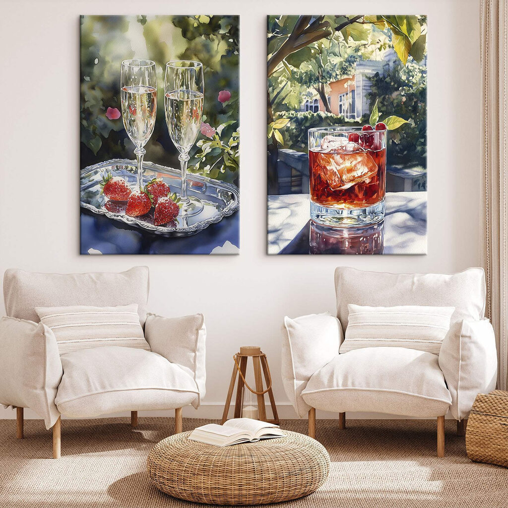 Aquarelschilderij van wijnglazen en aardbeien in een interieur