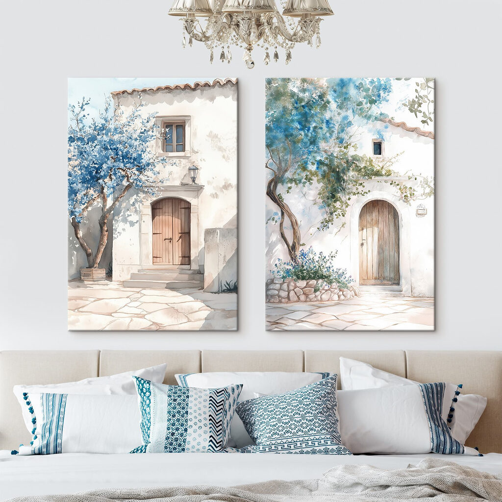 Aquarelschilderij van een huis met een deur en een deuropening in een interieur