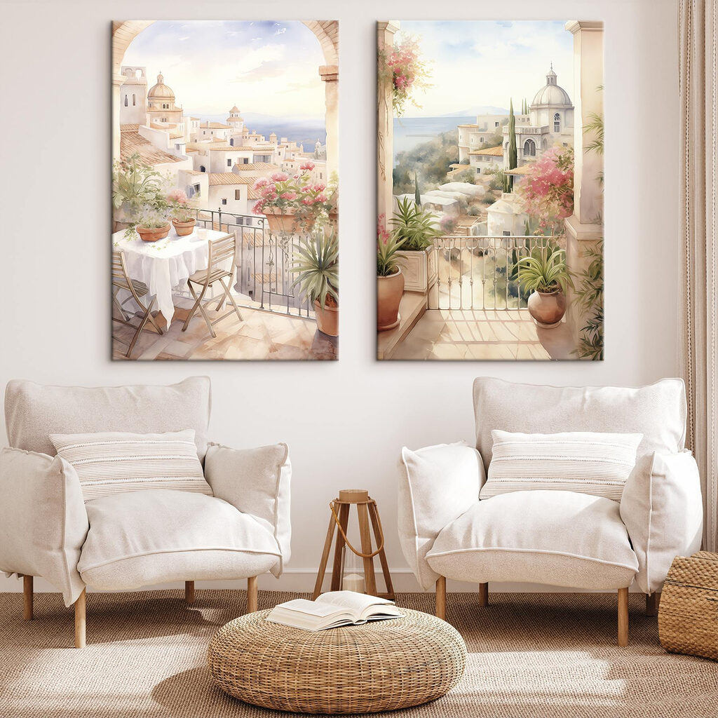 Schilderij van een balkon met een tafel en stoelen en een balkon met uitzicht op een stad in een interieur