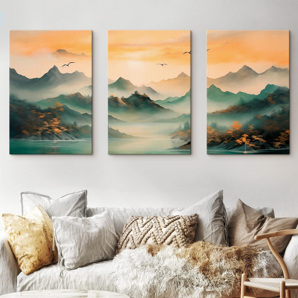 Bergketen met water en rondvliegende vogels — interieur 1