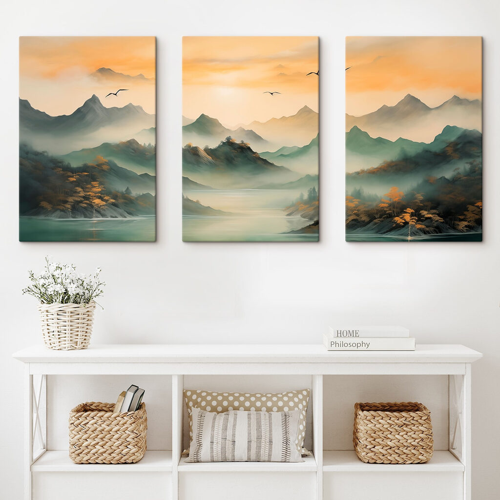 Bergketen met water en rondvliegende vogels — interieur 2