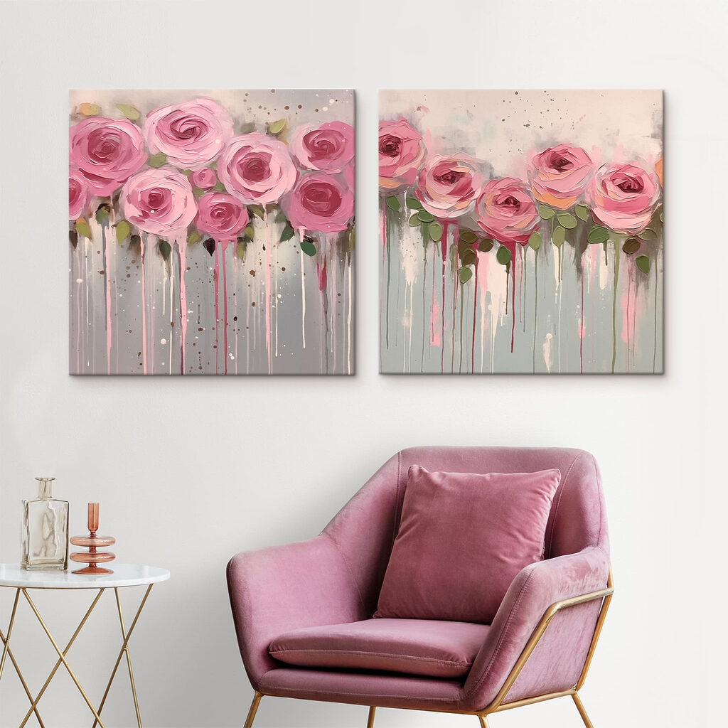 Schilderij van roze bloemen in een interieur