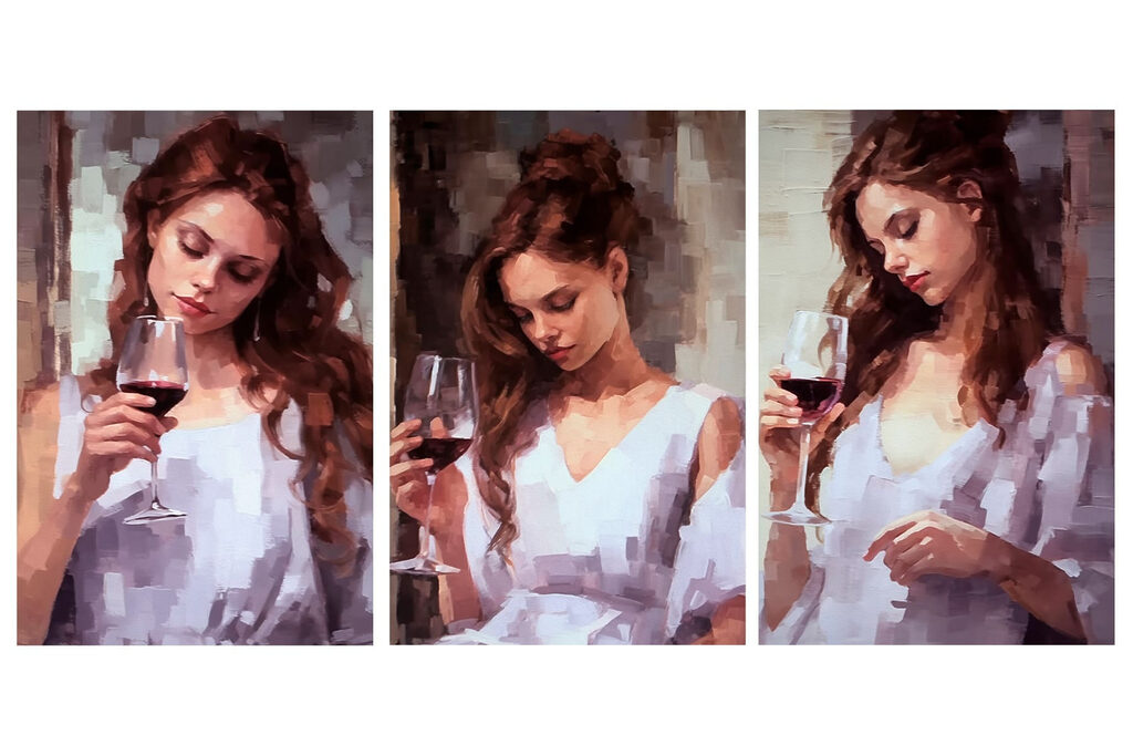 Collage van een vrouw met een wijnglas in haar hand — volledig ontwerp