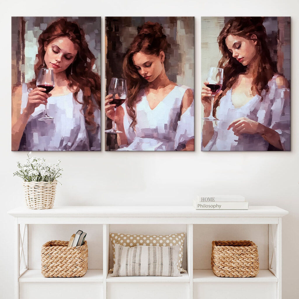 Collage van een vrouw met een wijnglas in haar hand — interieur 2