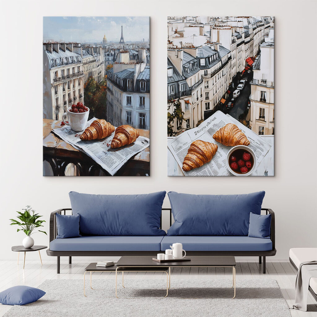 Schilderij van een stad met een croissant en een kopje fruit in een interieur