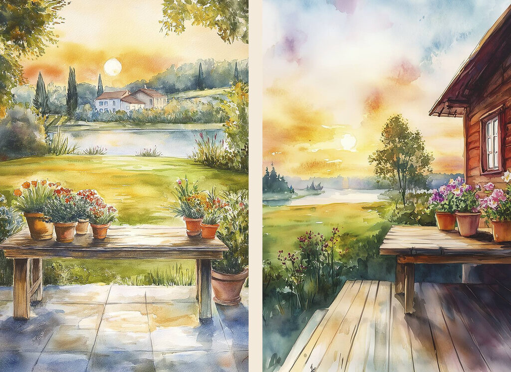 Aquarelschilderij van een huis en een tafel met bloemen — volledig ontwerp