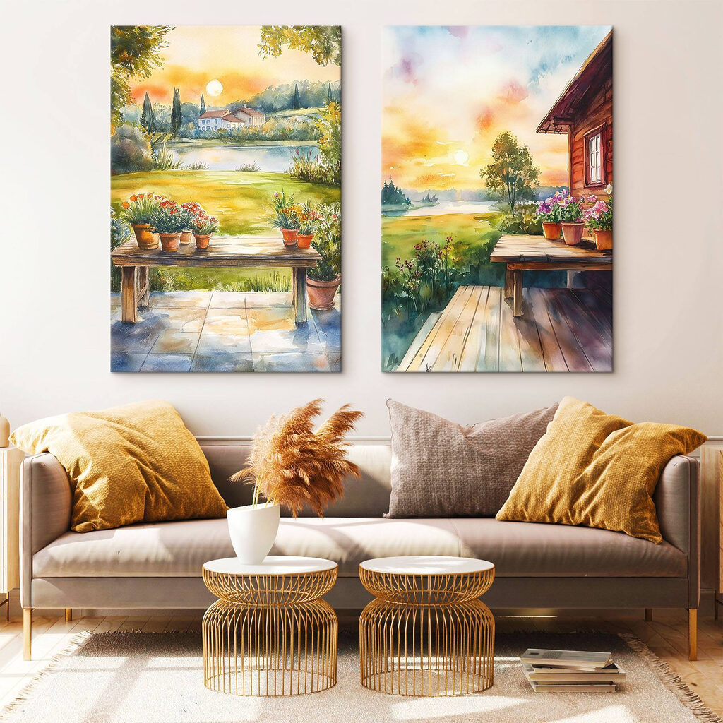 Aquarelschilderij van een huis en een tafel met bloemen — interieur 2