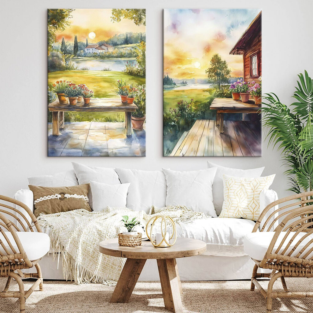 Aquarelschilderij van een huis en een tafel met bloemen — interieur 1