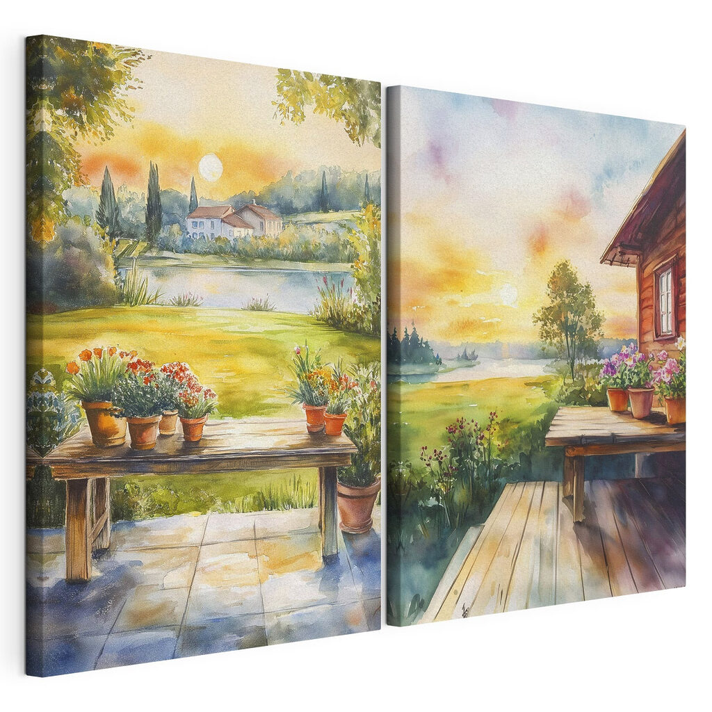 Aquarelschilderij van een huis en een tafel met bloemen — productweergave