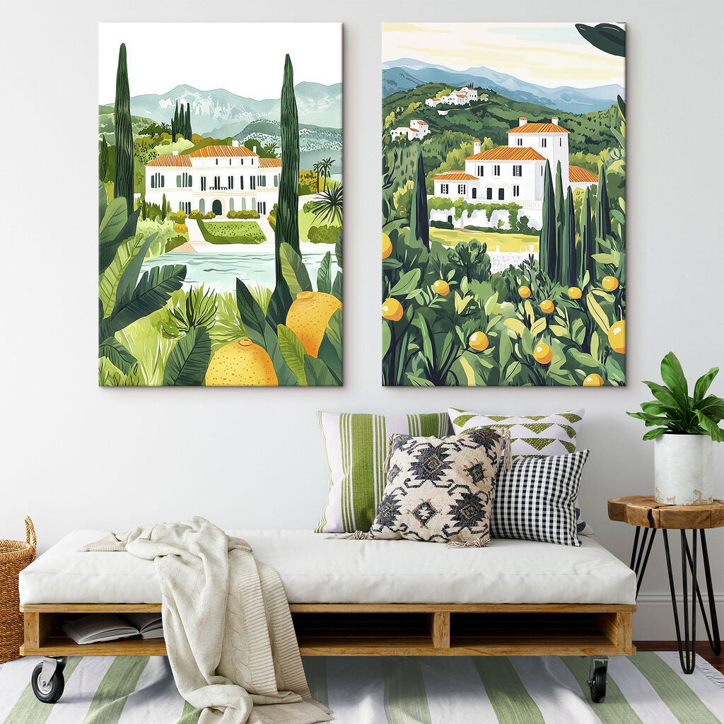 Schilderij van een huis en een rivier in een interieur