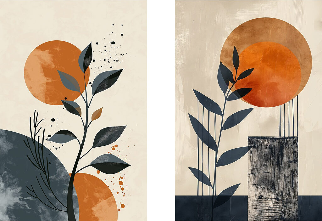 Twee schilderijen van planten en de zon — volledig ontwerp