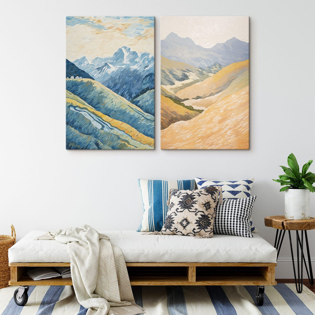 Schilderij van bergen en een rivier in een interieur