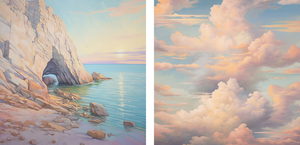 Schilderij van een strand en een rotsachtige kust — volledig ontwerp