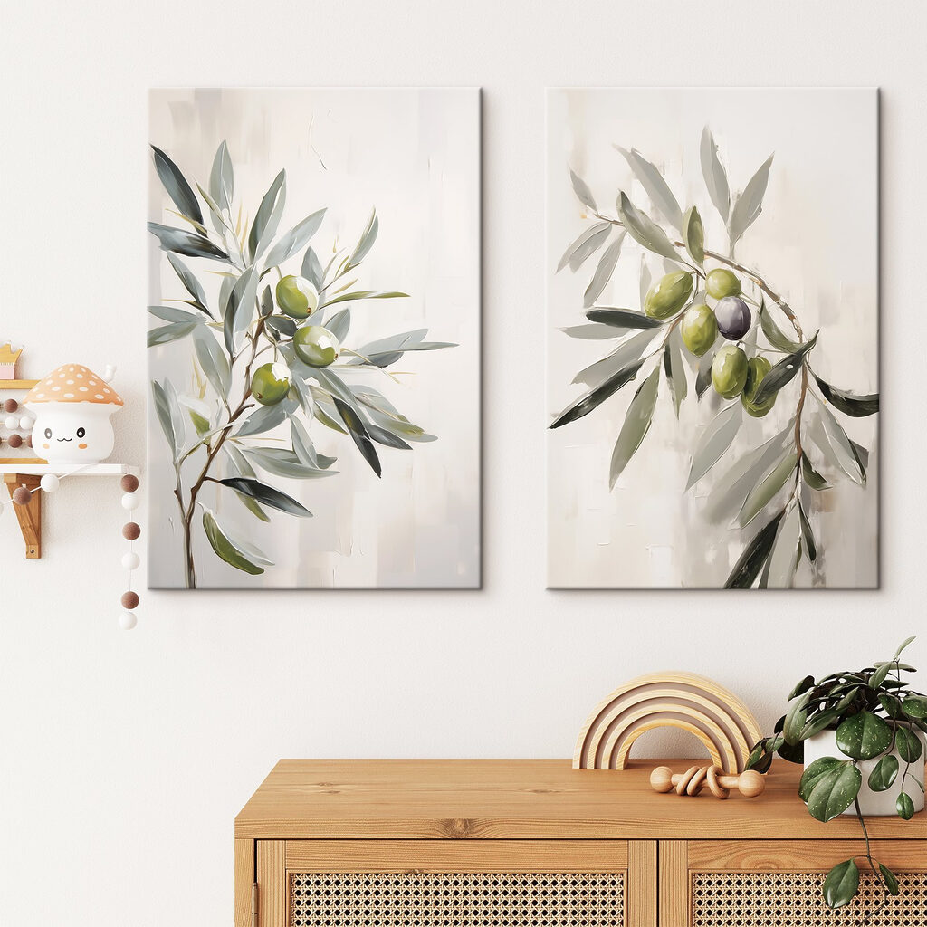 Schilderij van olijven aan een tak in een interieur