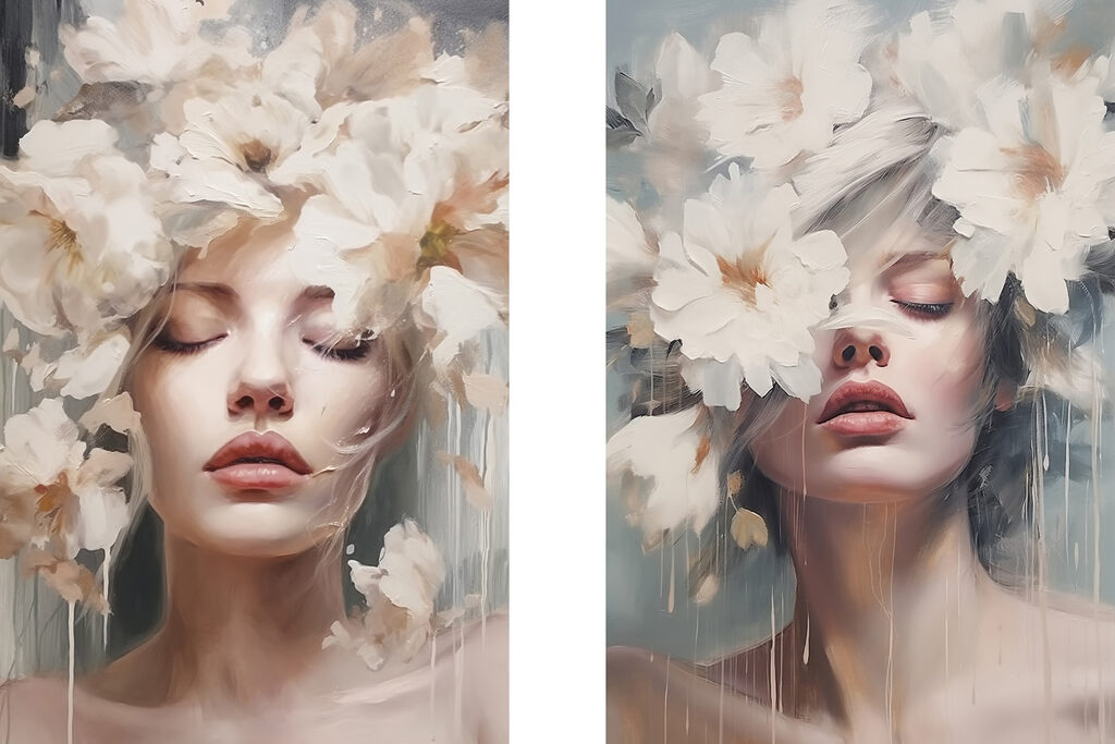 Vrouw met bloemen in haar haar — volledig ontwerp