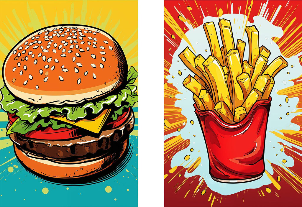 Hamburger en frietjes in een rode zak — volledig ontwerp