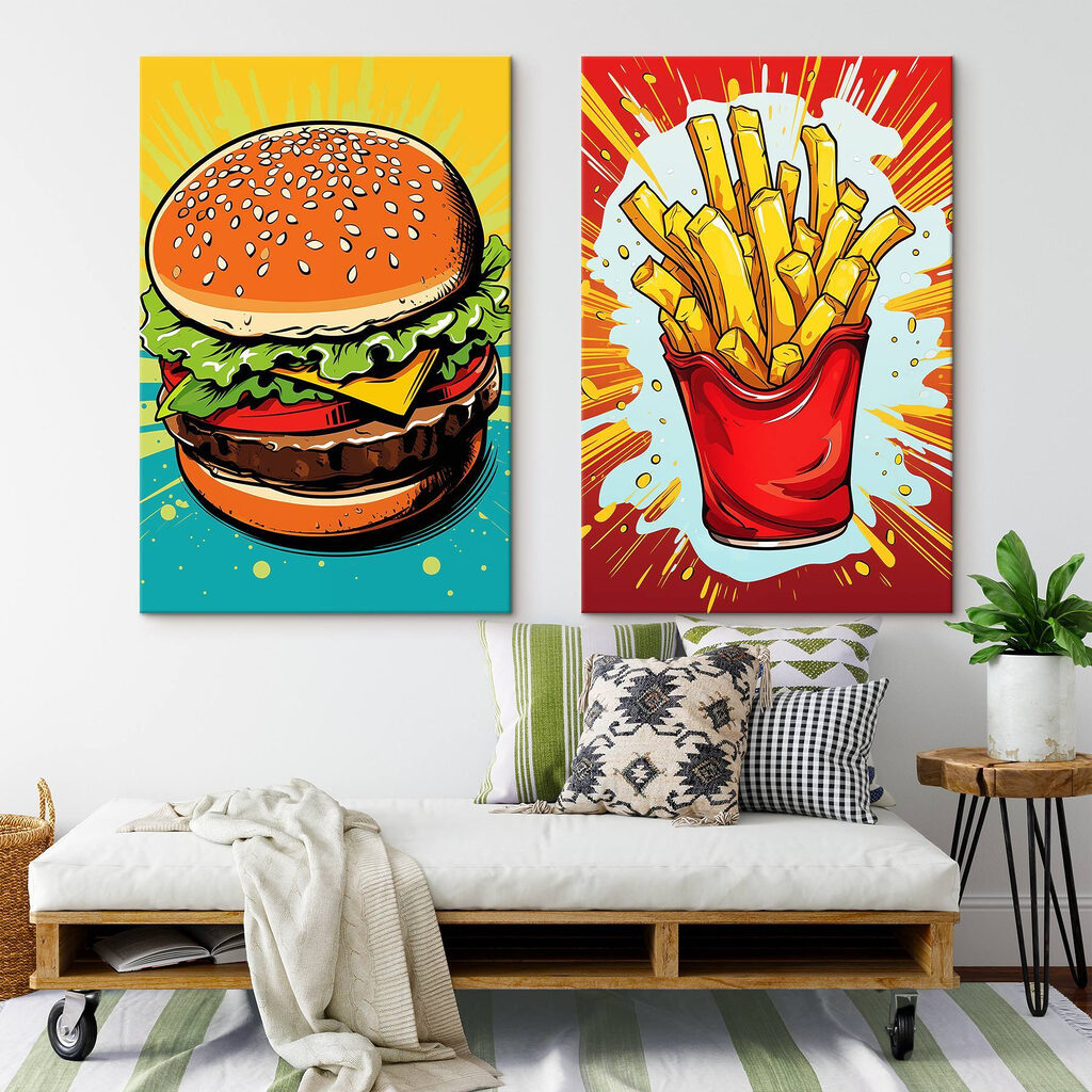 Hamburger en frietjes in een rode zak in een interieur