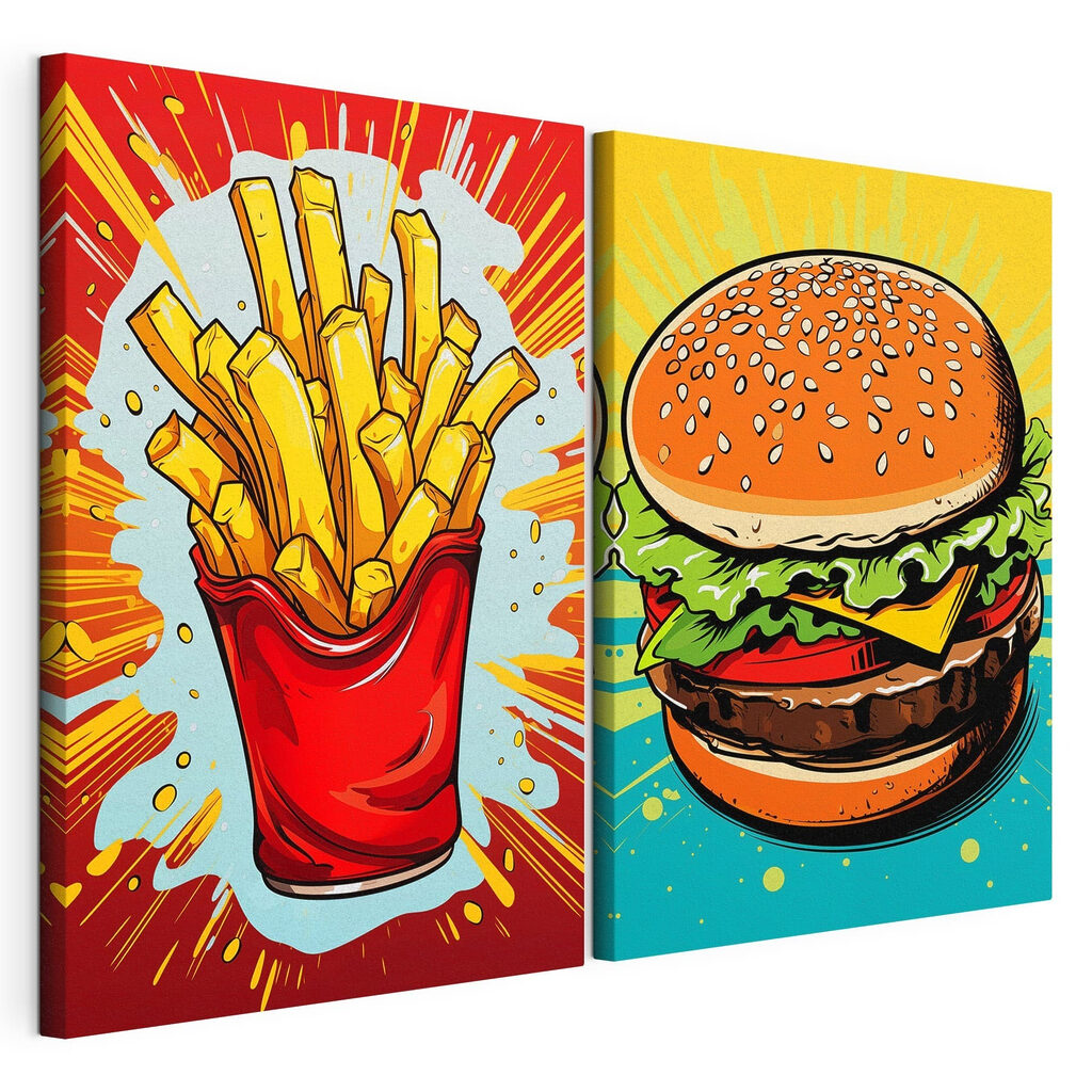 Hamburger en frietjes in een rode zak, gespannen canvas met doorlopende rand