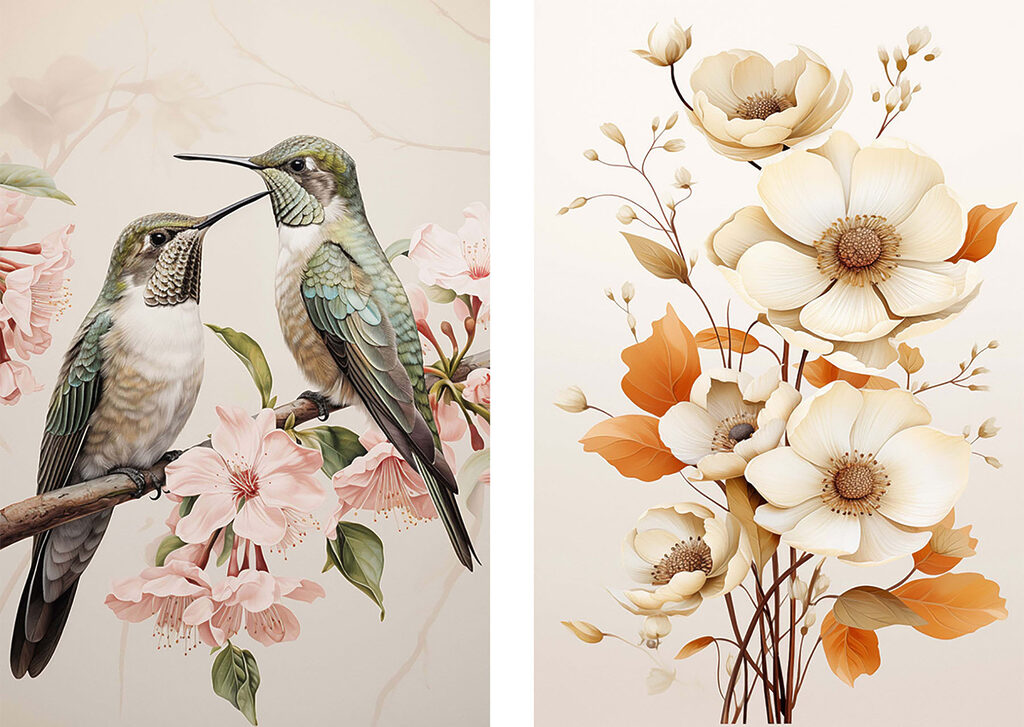 Twee vogels op een tak met bloemen — volledig ontwerp