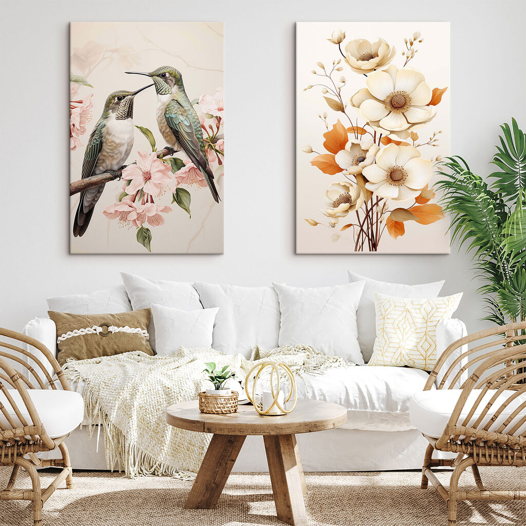 Twee vogels op een tak met bloemen — interieur 1