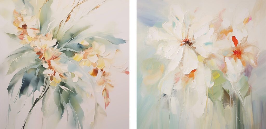 Twee schilderijen van bloemen op een witte ondergrond — volledig ontwerp