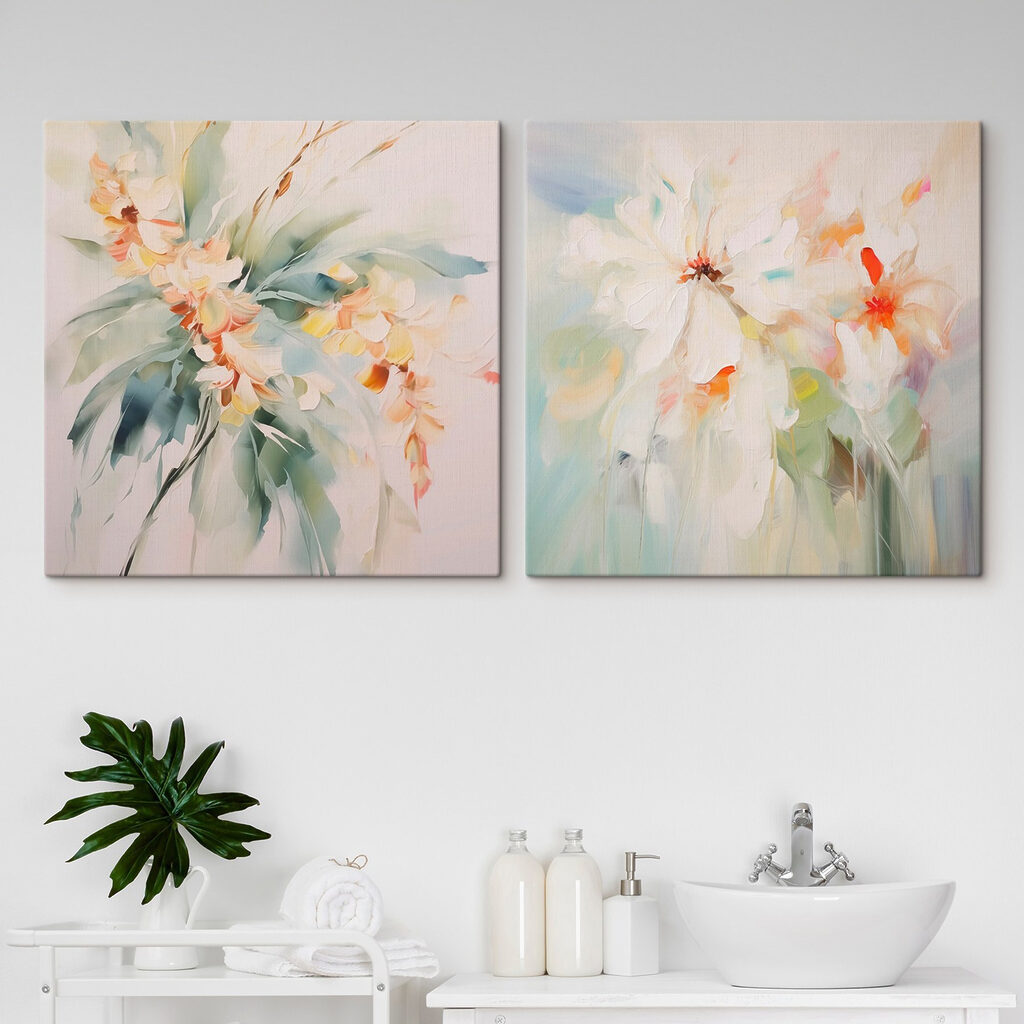 Twee schilderijen van bloemen op een witte ondergrond — interieur 2