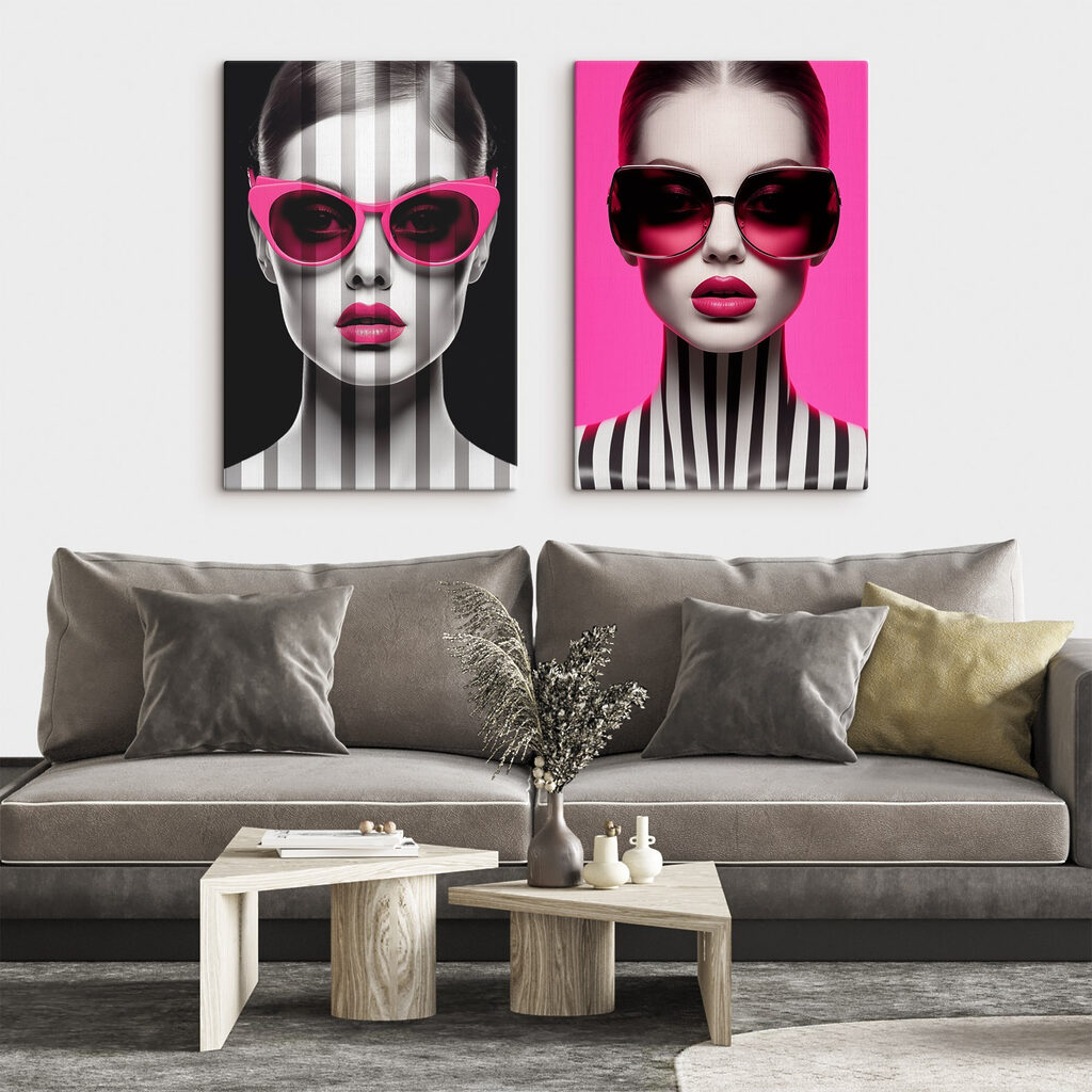 Vrouw met een roze zonnebril in een interieur