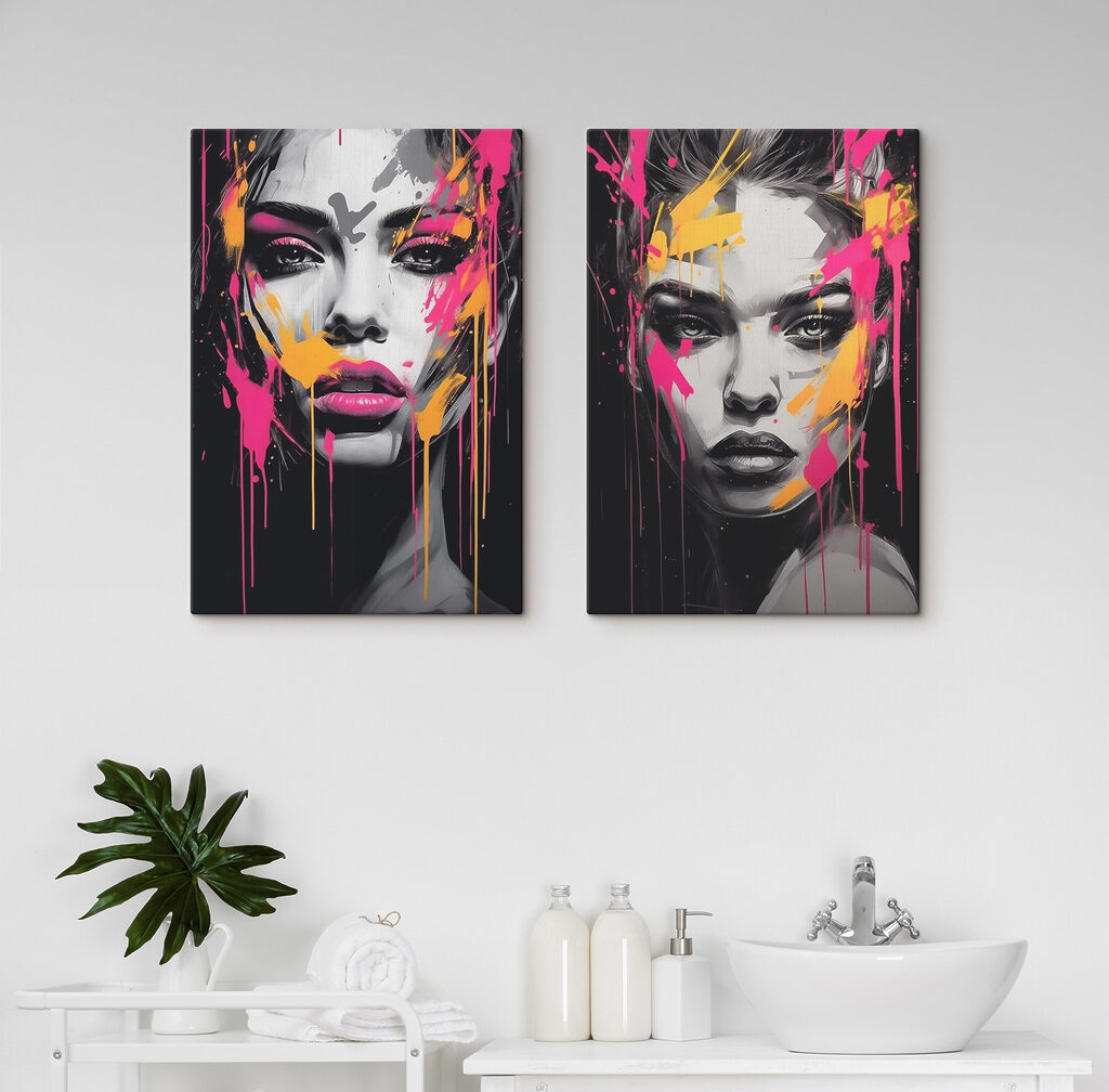 Collage van het gezicht van een vrouw met verfspatten in een interieur