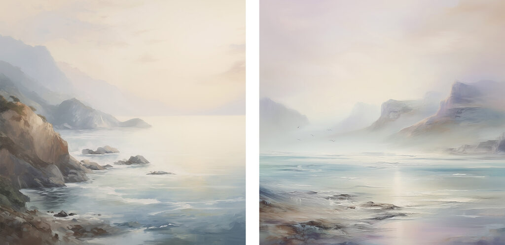 Schilderij van een strand en een rotsstrand — volledig ontwerp