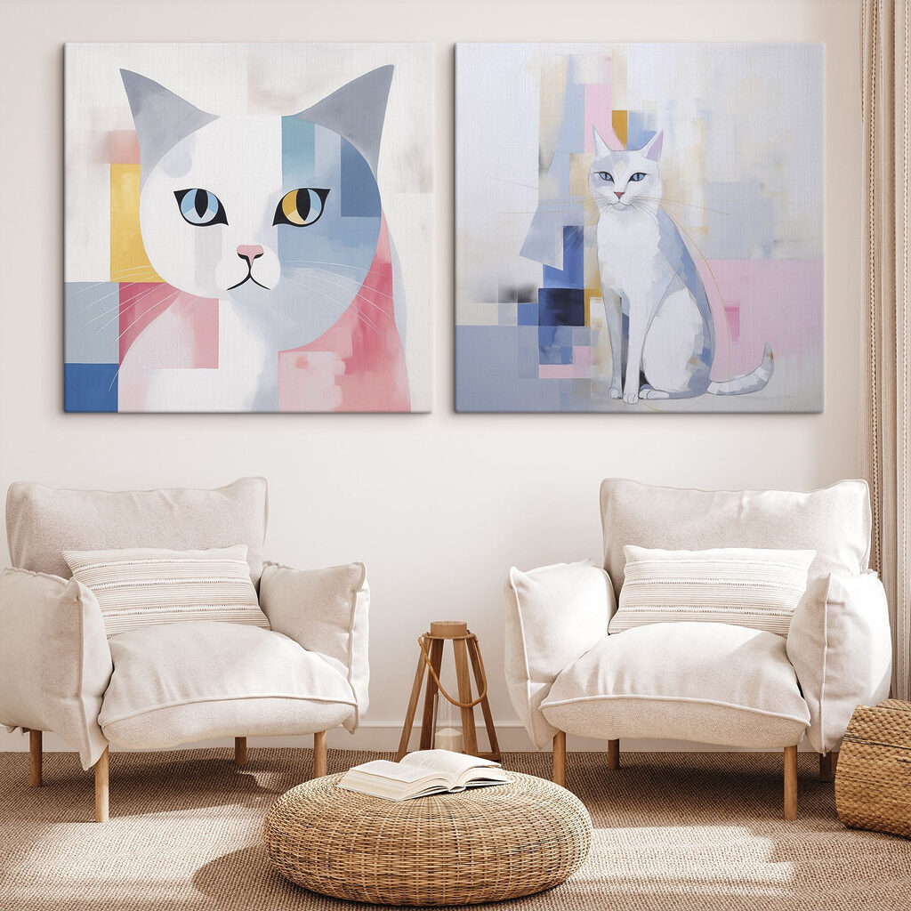 Twee schilderijen van een kat in een interieur