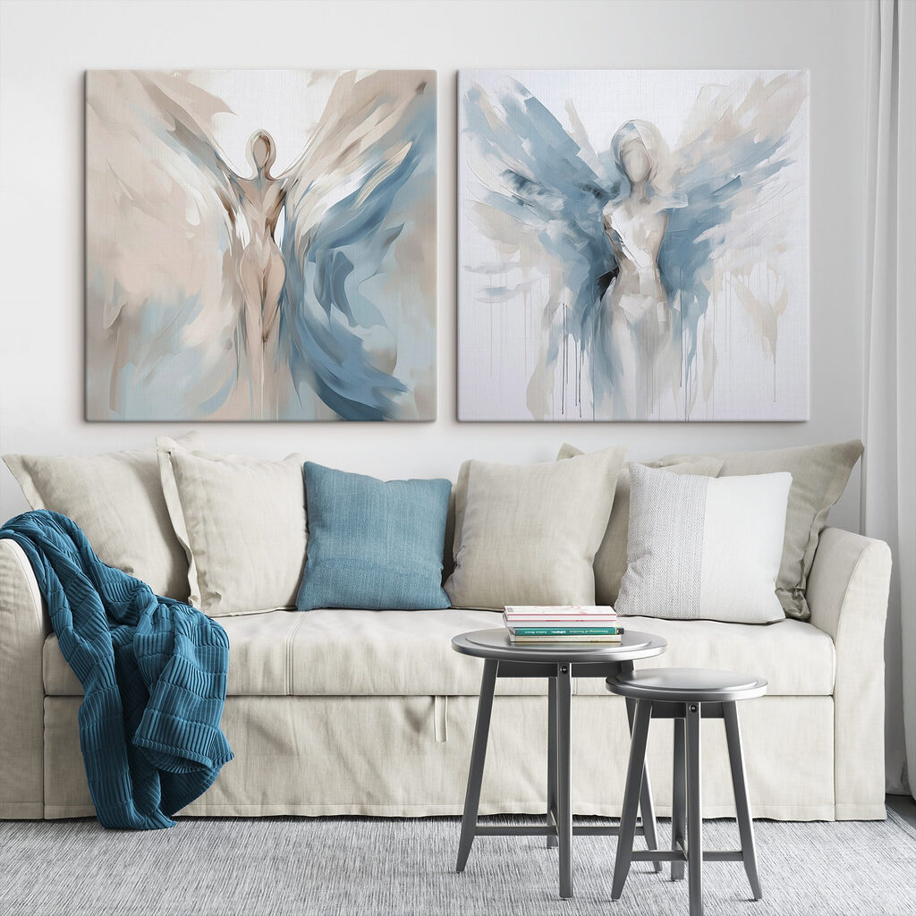 Schilderij van een vrouw met vleugels in een interieur