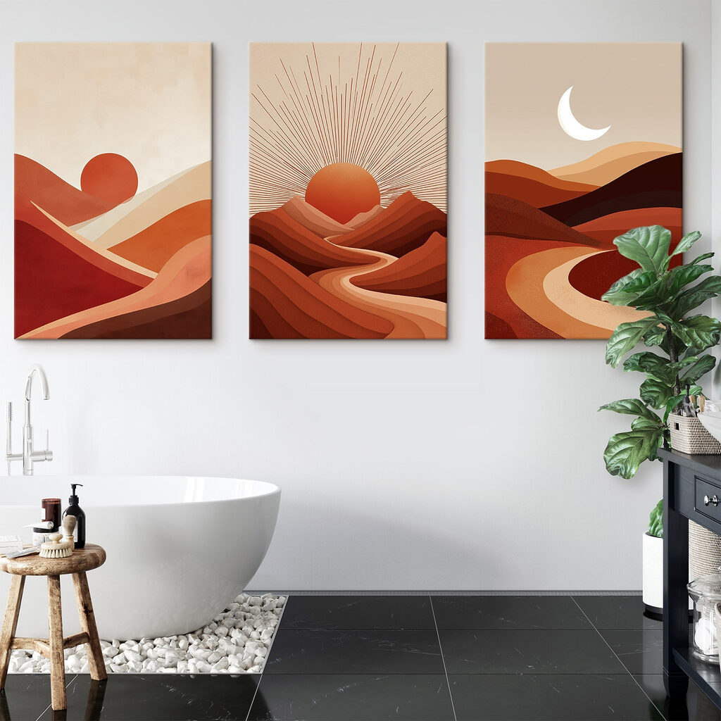 Bergketen met zon en wolken in een interieur