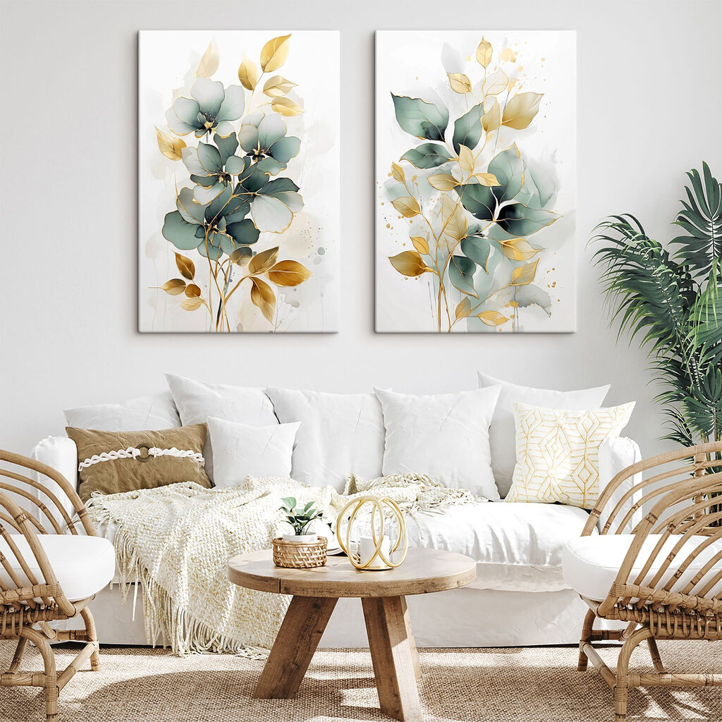 Schilderij van bloemen en bladeren in een interieur