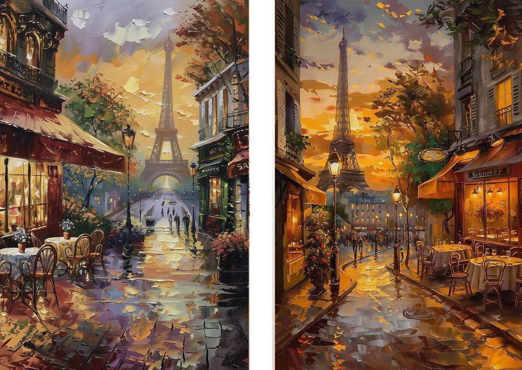 Schilderij van een straat met op de achtergrond een toren — volledig ontwerp