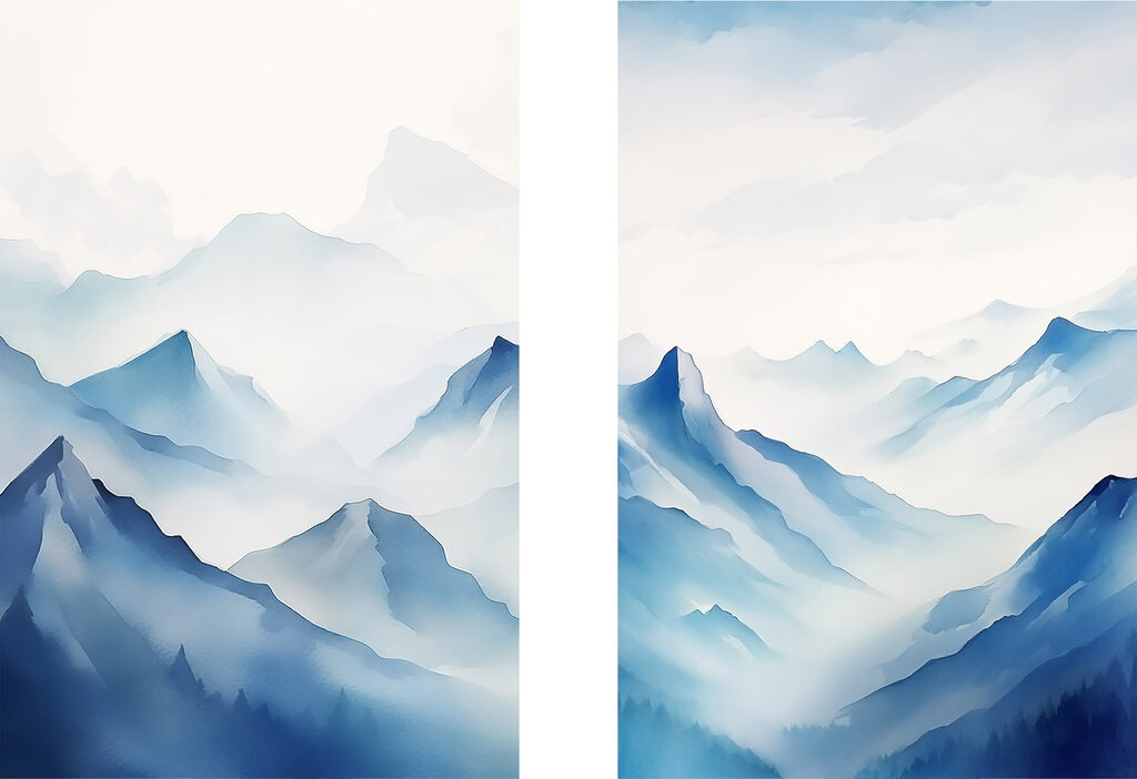 Schilderij van bergen en mist — volledig ontwerp
