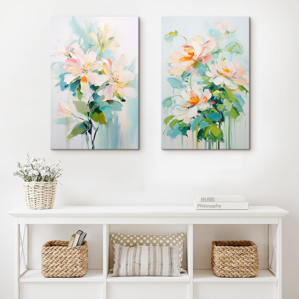 Schilderij van bloemen op een witte ondergrond in een interieur