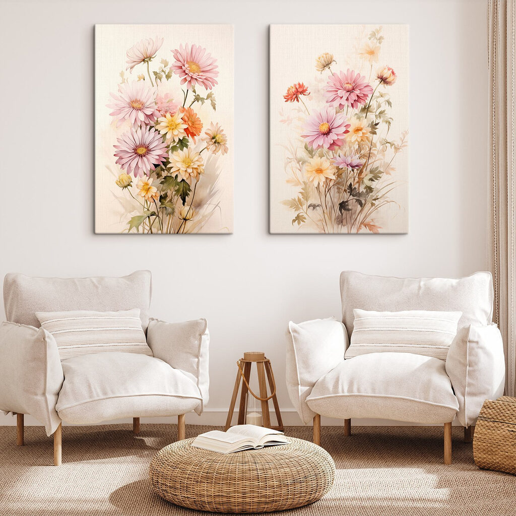 Schilderij van bloemen op een witte achtergrond in een interieur
