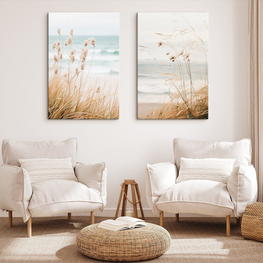 Een zacht briesje waait over het gras aan de kust in een interieur