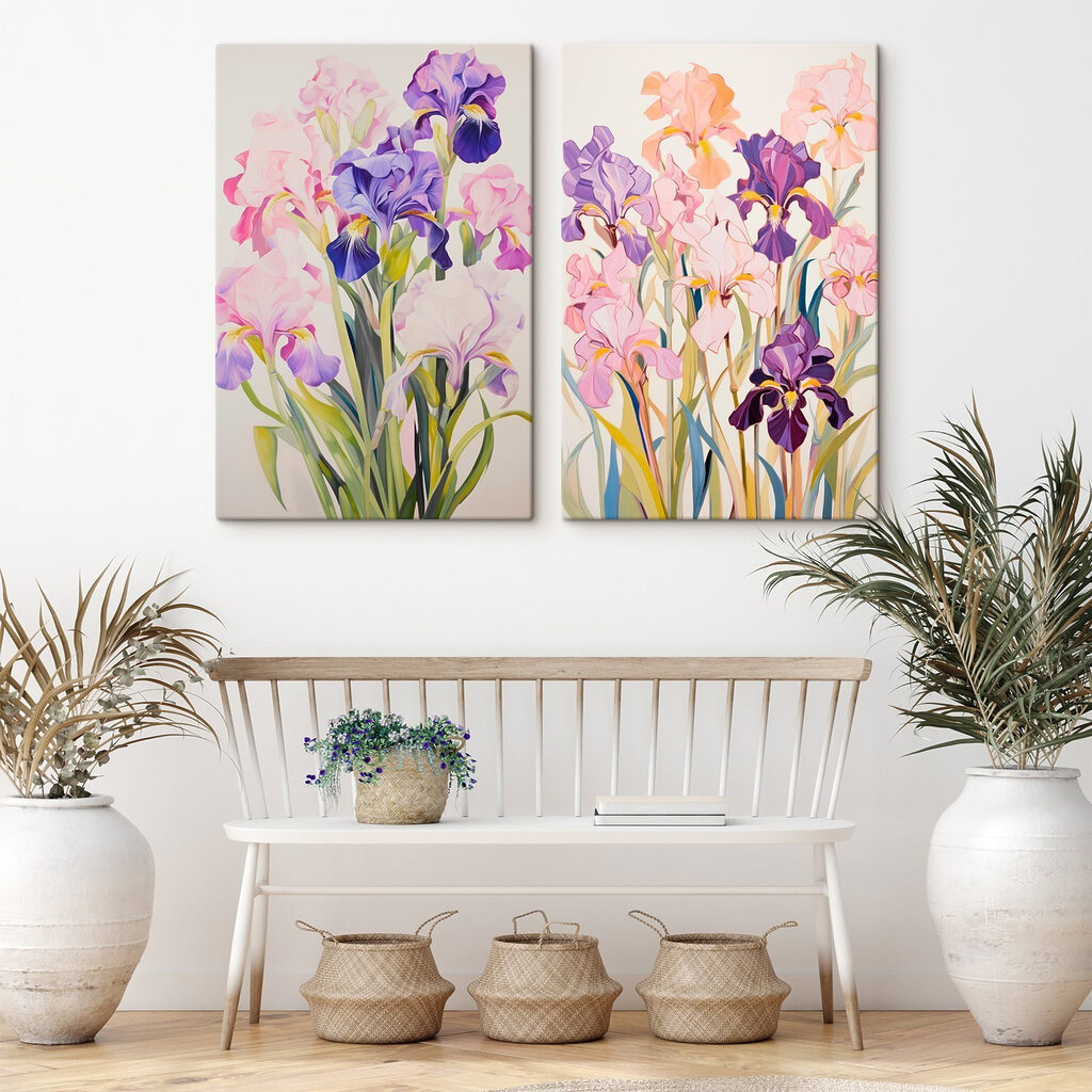 Schilderij van bloemen op een witte ondergrond in een interieur