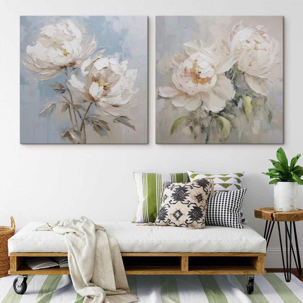 Schilderij van bloemen op doek in een interieur
