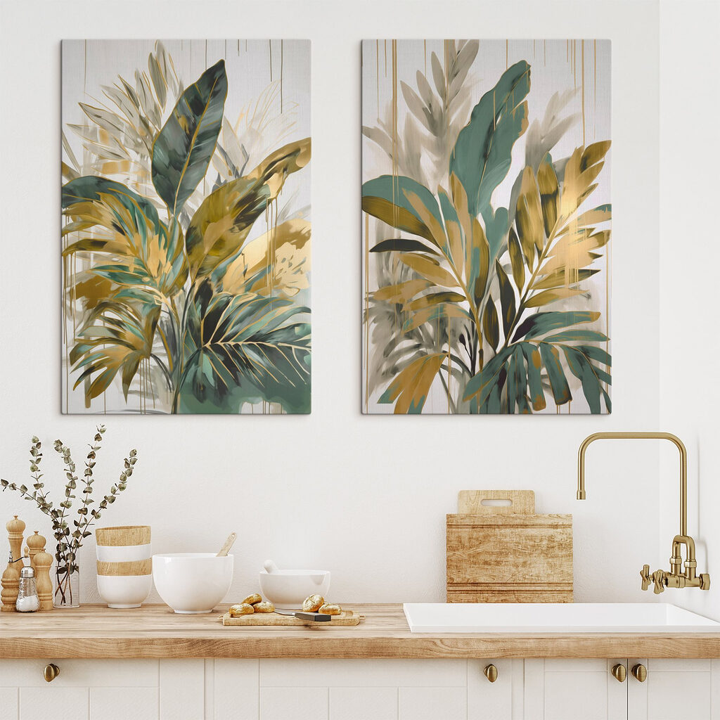 Schilderij van bladeren en bloemen in een interieur
